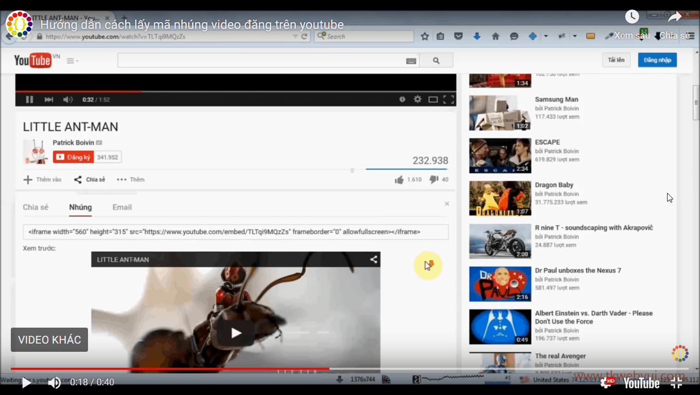 Lấy mã nhúng của Youtube