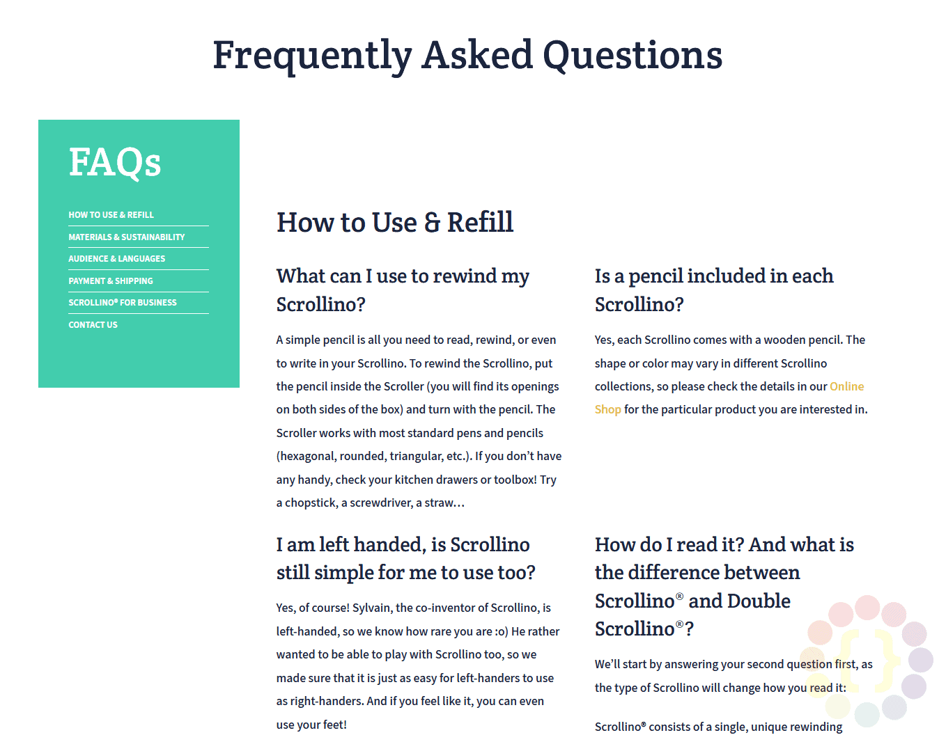 Trang FAQ được phân loại của Scrollino